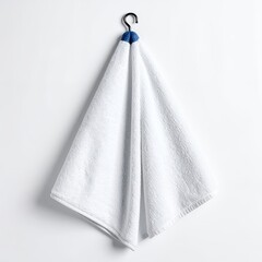 Soft white hand towel draped elegantly, hanging from a sleek metal hook detail on white background