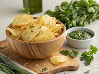 Crispy potato chips fill a wooden bowl served with fresh green chimichurri on the table