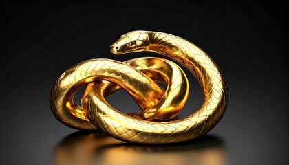Golden snake entwined in a knot on dark background