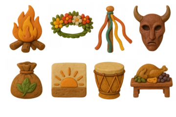 Traditional slavic festival symbols with colorful folk art style