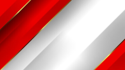 Red and white abstract background with golden diagonal stripes.