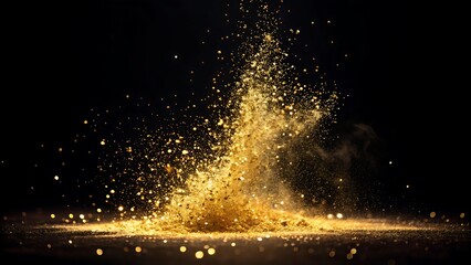 Erupting mound of golden glitter dust creates a spectacular splash against dark space
