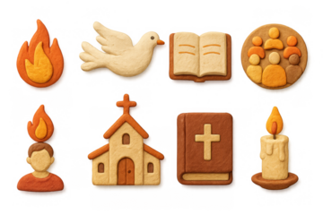 Clay icons of christian symbols featuring church, dove, bible, and candle