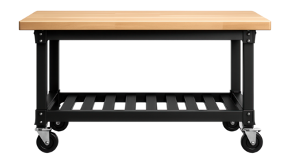 Rolling workbench with a butcher block top, ideal for a woodworking workshop.