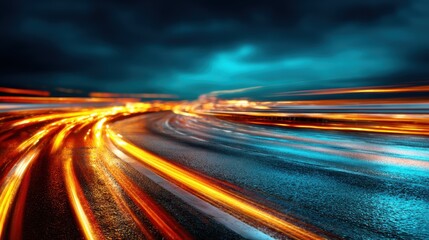 A mesmerizing view of vibrant light trails on a wet road showcasing the fusion of urban nightlife and motion, capturing a sense of energy and excitement in the atmosphere.