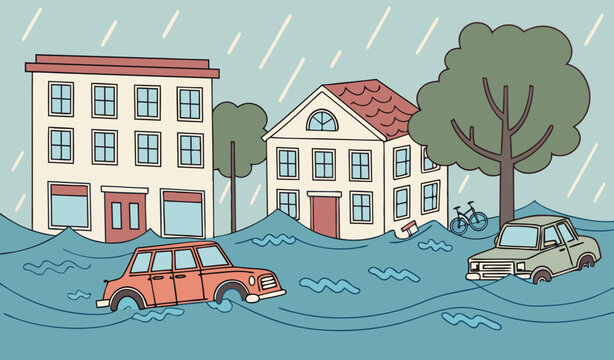 Catastrophic flood damaging city vector illustration. Flooded streets, downpours destroying buildings, cars, bikes, motorbikes, land cruser and trees, high level of water. Climate change, natural disa