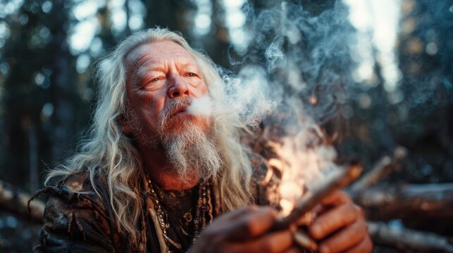 An elderly man with long, flowing hair, lost in thought while smoking, surrounded by tall trees, embodying a connection with nature and the wisdom of age.