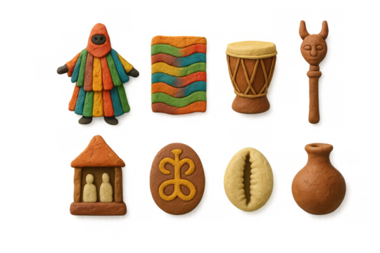 Colorful african clay artifacts featuring drums, mask, and traditional symbols