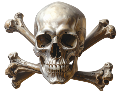 3D Realistic Skull and Crossbones, Metallic Texture, Angled Perspective, isolated transparent background png