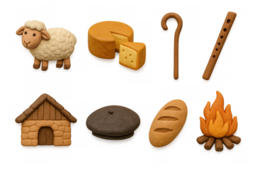 Cute clay models of shepherd, sheep, cheese, home, and musical elements