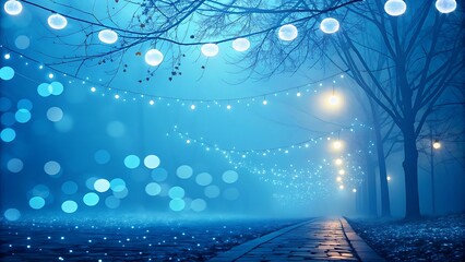 Ethereal pathway shrouded in mystery reveals luminous globes strung within bare winter trees at dusk