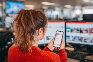 Cinematic photo of a person using smartphone to browse social media advertising at an office desk with multiple computer screens showing digital marketing materials