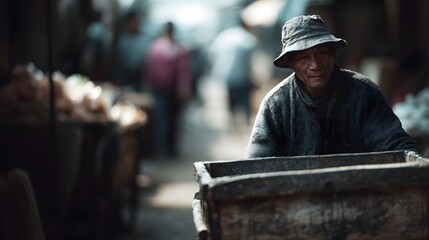 Obraz premium Elderly laborer pushing cart in a bustling market exemplifying hard work and perseverance
