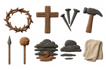 Clay art symbols of easter story and crucifixion elements