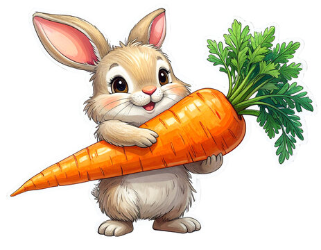 Naklejki Playful Baby Bunny Holding a Carrot, Cartoon Sticker, isolated transparent background png