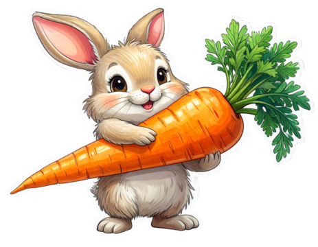 Playful Baby Bunny Holding a Carrot, Cartoon Sticker, isolated transparent background png