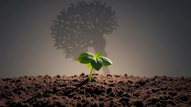 The emergence and beginning of tiny plant organism juxtaposed with the fantastical shadow of gigantic tree, representing notions of existence and vitality