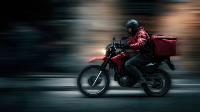 Delivery biker rides through narrow street in fast paced work life