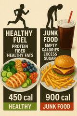 Vector illustration comparing healthy meal with vegetables, chicken and fruits versus junk food with burger, fries and soda. Concept of calories, nutrition and diet choices
