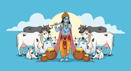 Lord Krishna Playing Flute With Cows and Pots of Butter