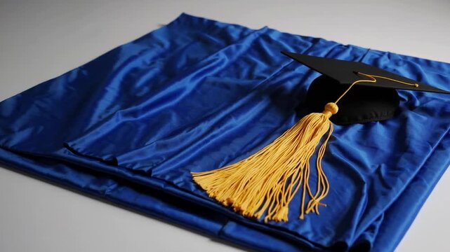 Academic Mortarboard Cap with Yellow Tassel Placed on Blue Graduation Gown for Copy Space