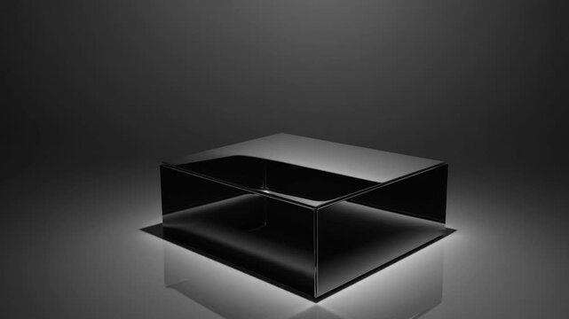 3D rendered shiny black rectangular podium or pedestal display stand on semi-matte black background