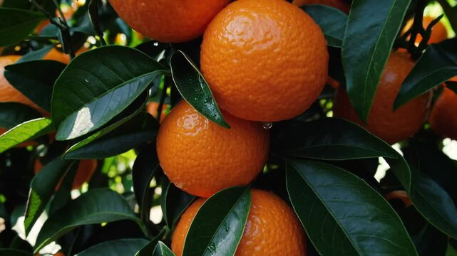 Orange tree branch laden with ripe fruits and lush green leaves basking in sunlight