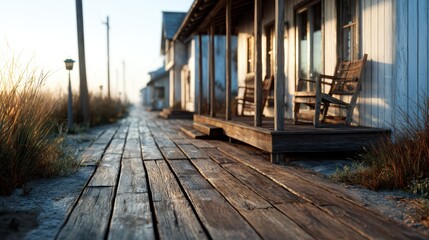 Naklejka premium A picturesque wooden pathway leads to charming houses bathed in warm sunlight, surrounded by nature and presenting a serene and welcoming atmosphere of home and community.