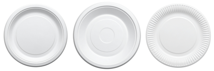 Three White Paper Plates Displayed Against Transparent Background
