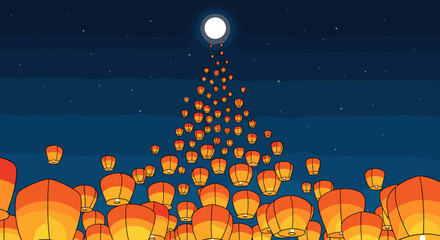 A breathtaking display of floating lanterns illuminating the night sky