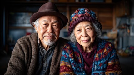 A heartwarming portrait of an elderly couple embracing one another, radiating warmth and companionship in a cozy indoor setting that highlights their love and connection.