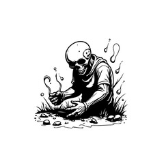 Brooding skeletal figure contemplating the ephemeral nature of existence in black and white