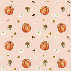 seamless pattern on a colored background with mushrooms, pumpkins, leaves, and flowers, watercolor illustration on the theme of autumn and harvest for dishes, textiles, and packaging