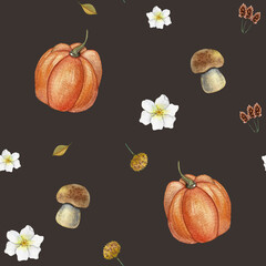 autumn seamless pattern on a dark background with mushrooms, pumpkins, flowers, leaves, watercolor illustration for tableware, textiles, design, packaging