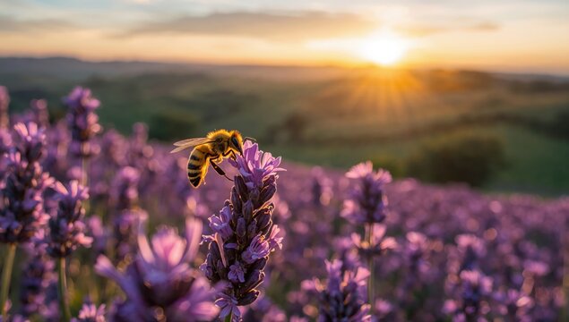 Golden sunset light highlights bee hovering gently above blooming lavender flowers - Powered by Adobe