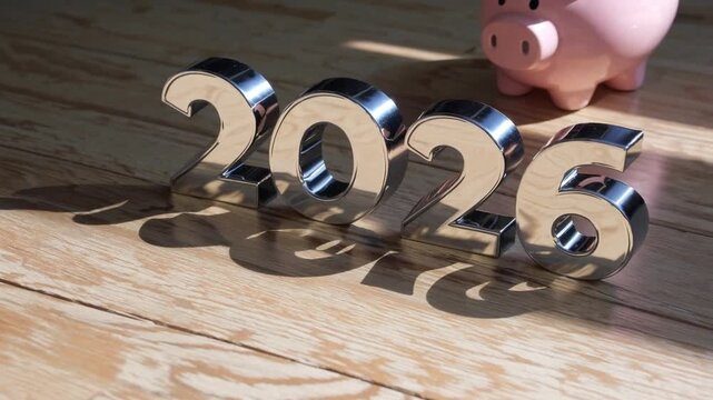 Piggy Bank Sitting on Wooden Floor Next to Calendar Showing the Year 2026 for Financial Planning