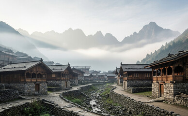 Obraz premium Hidden Mountain Village With Misty Atmosphere