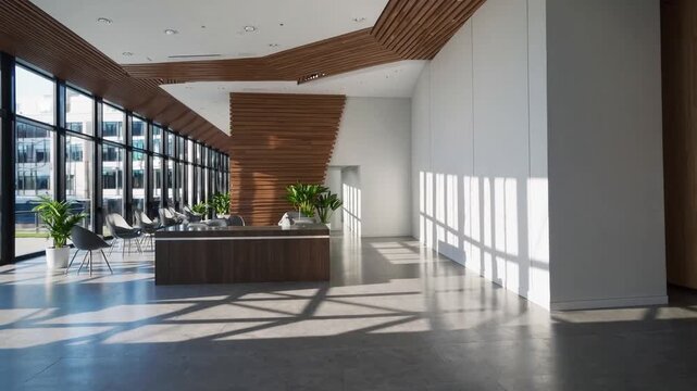 The Reception Area of Corporate Building Featuring Pale Walls and Timber Accents