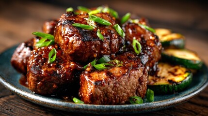 A gourmet plate of grilled beef tenderloin steaks garnished with green onions and served alongside grilled zucchini, highlighting culinary sophistication and flavor.