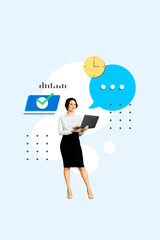 Composite zine pop trend collage of happy businesswoman freelancer surf laptop bubble checkmark icon time deadline progress