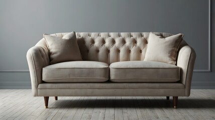 Fototapeta premium Beige Upholstered Sofa with Cushions in Modern Living Room