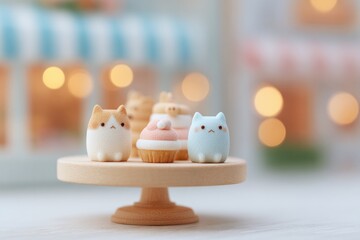 Cute mini cat figurines beside delightful pastel cupcake on stan