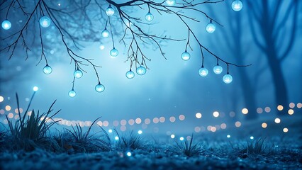 Glowing blue bulbs hang from branches illuminating misty grass in a magical scene