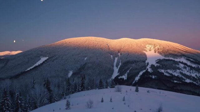 Beautiful Sunrise Over Snow-Capped Mountain Peak with the Moon Still Visible in the Morning Sky