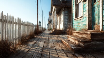 A nostalgic view of deserted wooden houses along a weathered pathway, portraying a sense of abandonment, decay, and the passage of time, evoking memories of days gone by.