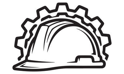 Hard hat and cog outline, black and white vector illustration