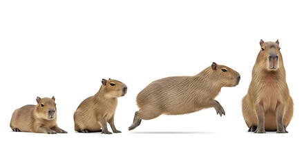 Capybara Progression: From Resting Pup to Leaping Adult on White Background