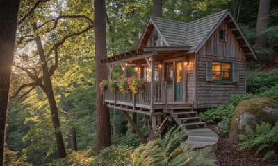 Fototapeta premium Wooden cabin nestled high in a sun-drenched forest