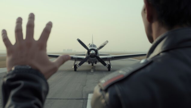 Western controller signals stop Russian pilot minimalistic runway soft neutral light