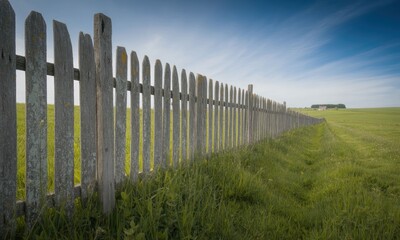 Obraz premium Wooden picket fence running through a grassy field under a partly cloudy sky